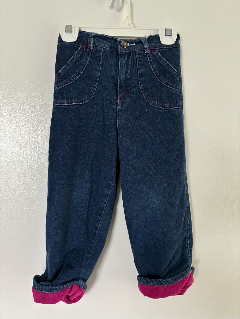 Wonderkids Fleece-lined Dark Blue Boyfriend Jeans with Pink Roll Cuff